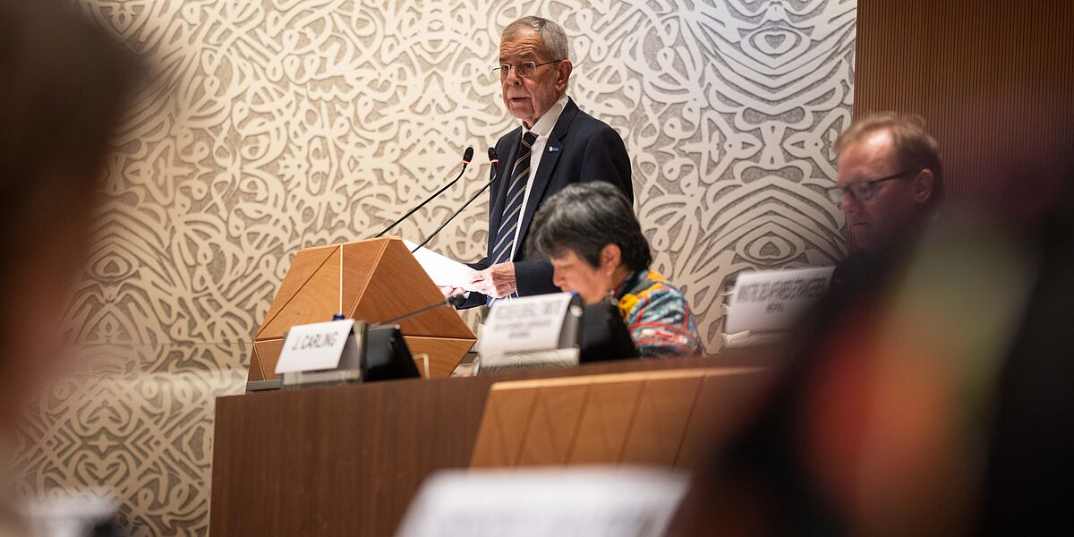 Bundespräsident Alexander Van der Bellen beim Festakt anlässlich 75 Jahre Allgemeine Erklärung der Menschenrechte in Genf.