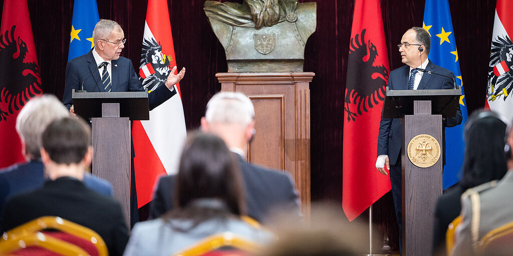 Pressegespräch von Bundespräsident Alexander Van der Bellen mit Amtskollegen Bajram Begaj im Rahmen des Offiziellen Besuches in der Republik Albanien.