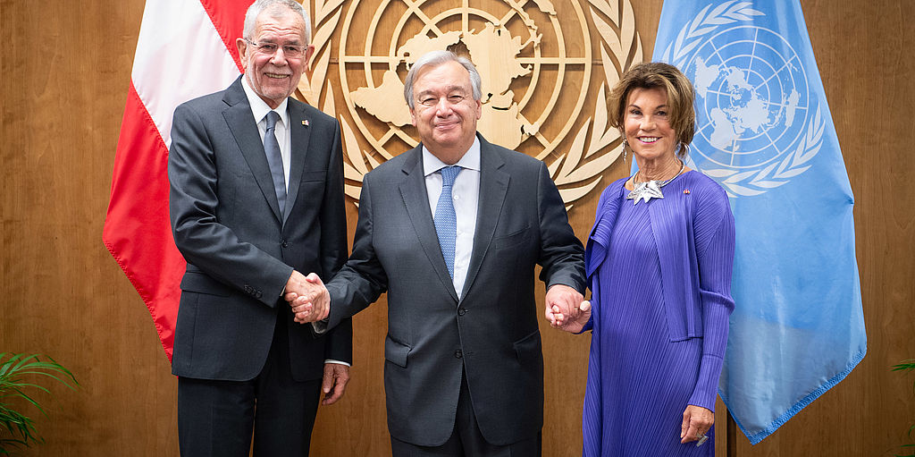 Bundespräsident mit Bundeskanzlerin und UN-Generalsekretär Guterres in New York